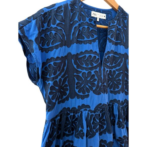 Zara Embroidered Fit & Flare Mini Dress Blue Size Small - Picture 7 of 10